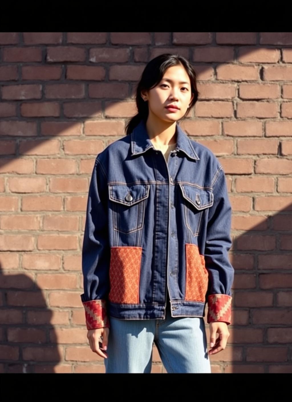 A model wearing a Samika Studios denim jacket with hand-woven Cambodian silk ikat panels.