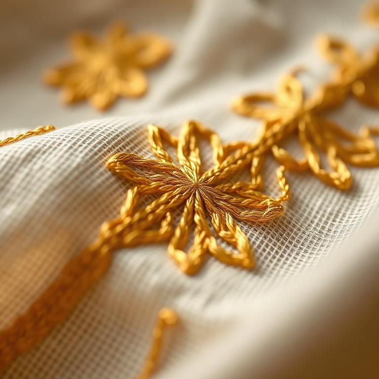 Gold thread Khmer-inspired embroidery on natural cotton.